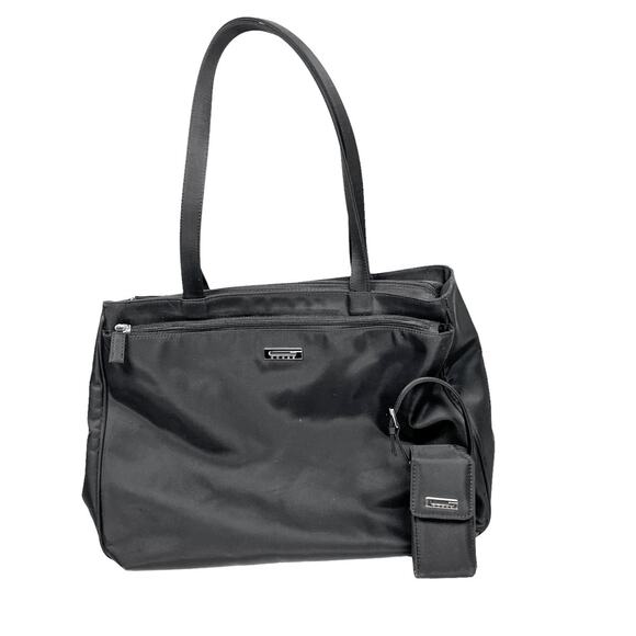 Vintage Guess Shoulder Bag Black Nylon Tote Double Handle Silver Tone Logo Y2K - Picture 1 of 11